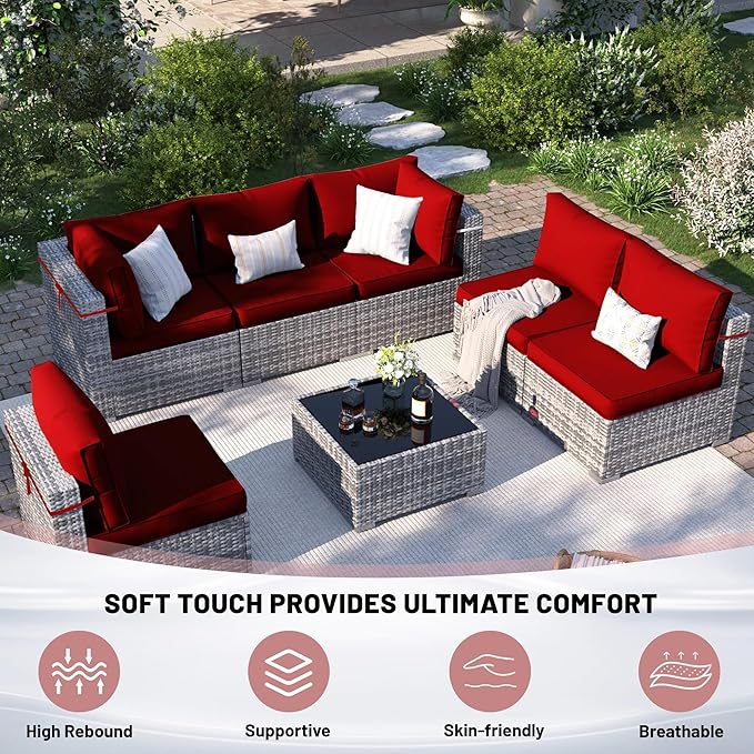 14 Piece Outdoor Sectional Cushions, Water-Resistant Outdoor Sofa Cushions Replacement, 4" High Density Foam Patio Furniture Cushions Fits 6-seat Rattan Conversation Set (Red)