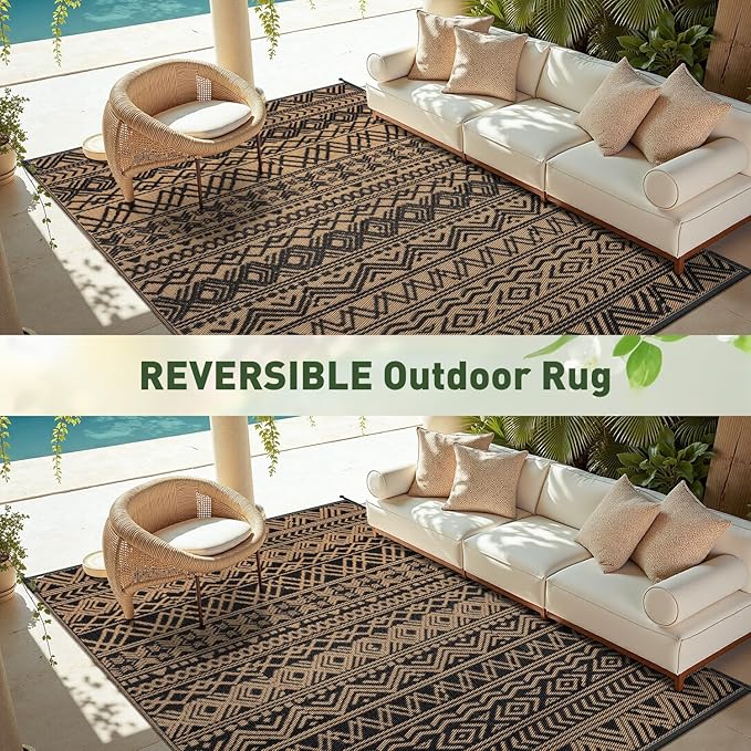 MontVoo Outdoor Rug Carpet Waterproof 6x9 Outdoor Patio Rug Mat Reverisble Plastic Straw Outdoor Rug for RV Camping Picnic Beach Balcony Boho Black Brown