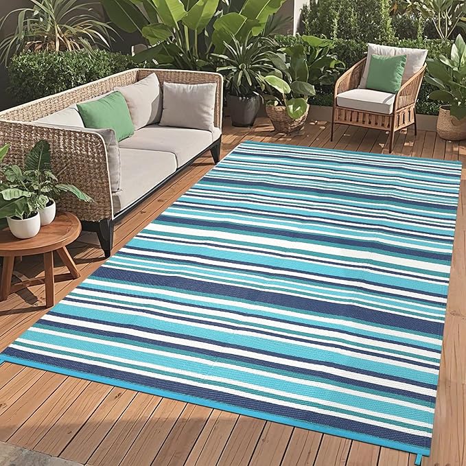 9x12 Outdoor Rug Waterproof Foldable Plastic Straw Carpet for Patio Porch Colorful Line Reversible Mat Lightweight Floor Mat for Picnic, Backyard, Rv, Beach, Deck, Camper, Balcony，Blue