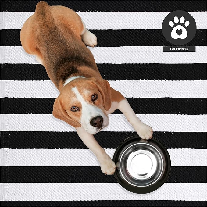 FH Home Outdoor Rug - Waterproof, Fade Resistant, Reversible - Premium Recycled Plastic - Striped - Large Patio, Deck, Sunroom, Camping, RV - Brittany Stripe - Black & White Crease Free - 5 x 8 ft