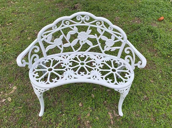 Patio Balcony Bench Double Seat, Anti-Rust Cast Aluminum Patio Garden Bench for Park Yard Outdoor Furniture White.1