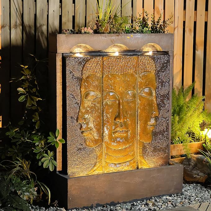 45" Outdoor Fountain Zen Buddha Face Wall Fountains and Waterfalls with Planting Groove for Meditation Room Balcony Home Garden Patio, Gold