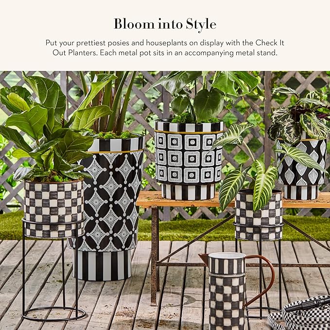 MACKENZIE-CHILDS Set of 2 Check It Out Metal Planters, Black-and-White Garden Planter