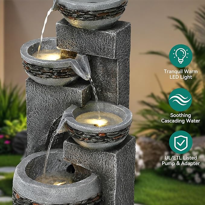 4-Tier 19.5" Indoor/Outdoor Fountain with LED Lights, Resin Pebble Tabletop Design,Soothing Cascading Waterfall for Garden/Patio/Deck/Home Decor