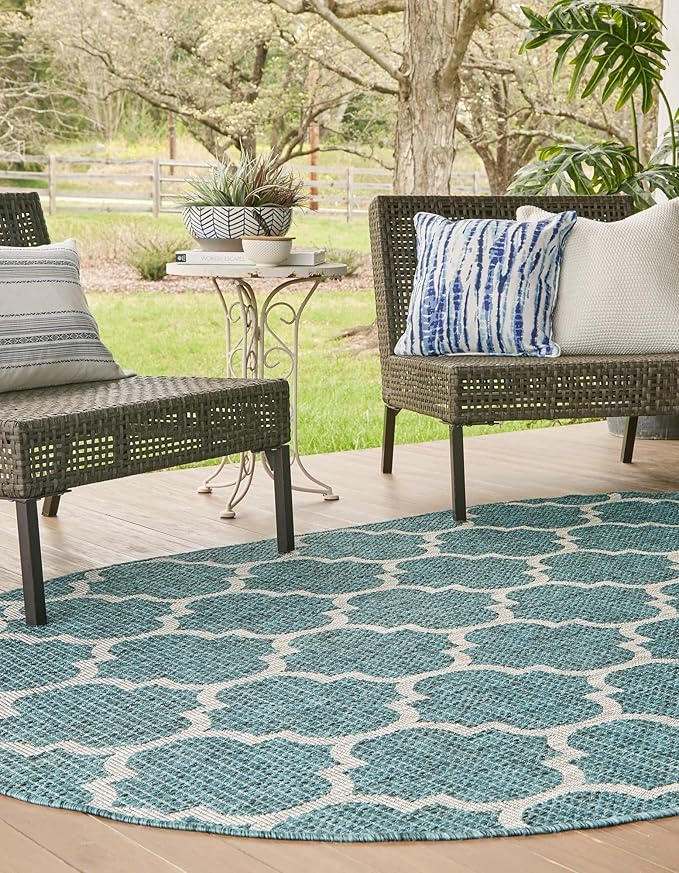 Unique Loom Outdoor Trellis Collection Area Rug (3' 3" x 5' 3" Oval, Teal/ Gray)