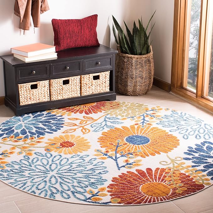 SAFAVIEH Washable Rug Outdoor Cabana Collection - 6'7" Square, Grey & Blue, Non-Shedding & Easy to Clean, Ideal for Patio, Backyard, Mudroom (CBN832F)