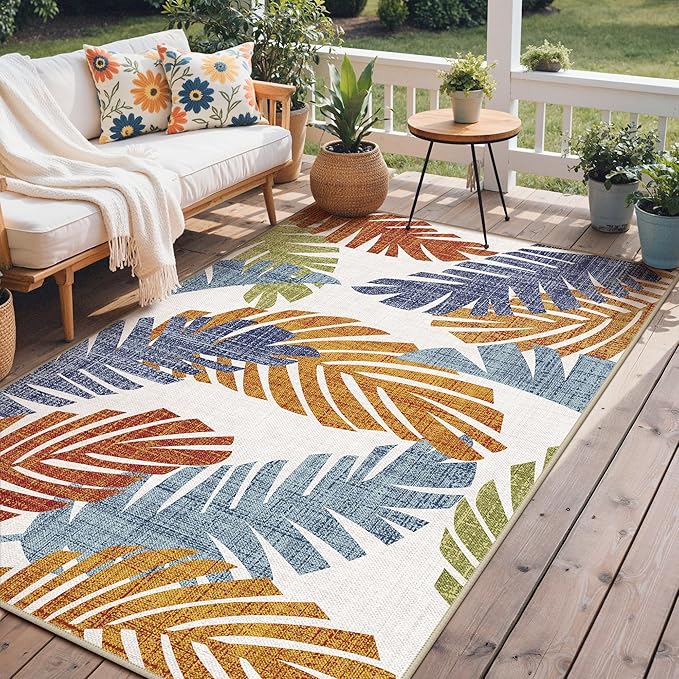 GENIMO Outdoor & Indoor Area Rug 6'x9', Waterproof, Non-Shedding, Easy Cleaning, Leaf Mat for Patio, Living Room, Balcony, Dining Room, RV, Deck, Bedroom, Camping, Outside Carpet, Tropical Rust