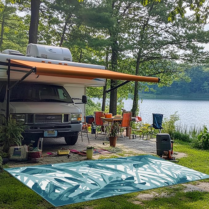 Onelike 9x18' Outdoor Plastic Straw Rug Patio Rug Waterproof Design Non-Slip & Easy to Clean Perfect for Garden, Porch, Balcony, Camping, RV Trip, Deck, Green&White