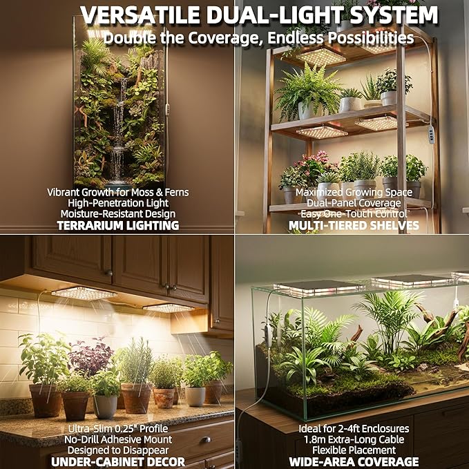 Dual Head LED Grow Light for Indoor Plants, Full Spectrum Under Cabinet Plant Light for Shelves, High PPFD Spotlight Puck with Timer & Dimmer, Stick-On Lamp for Succulents, Plant Stands & Wide Cabinet