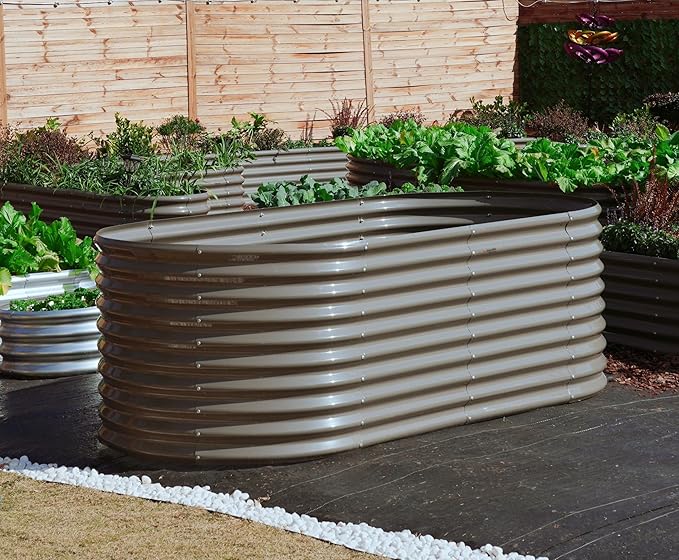 A ANLEOLIFE 6-Piece 30 Inch Extra Tall Galvanized Raised Garden Beds Kit, Large Oval & Round Metal Planters – Ideal for Backyard Vegetables Flowers Herbs, Quartz Grey