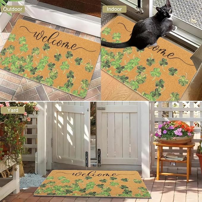 Lucky Clover Welcome Door Mat Outside Entrance, Faux-Coir Green Shamrock Thin Doormat, St. Patricks Day Decoration Outdoor Porch-Rug 17"X30" Non-Slip Dirt-Trapping for Home Garden Farm Spring Decor