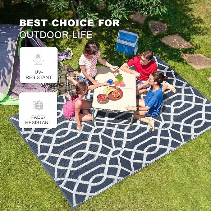 wikiwiki 9x12ft Outdoor Rug, Reversible Plastic Patio Rug Waterproof, Indoor Outdoor Carpet Clearance, Large Area Carpet for Patio Deck Balcony Pool RV Camping Beach Picnic, Grey