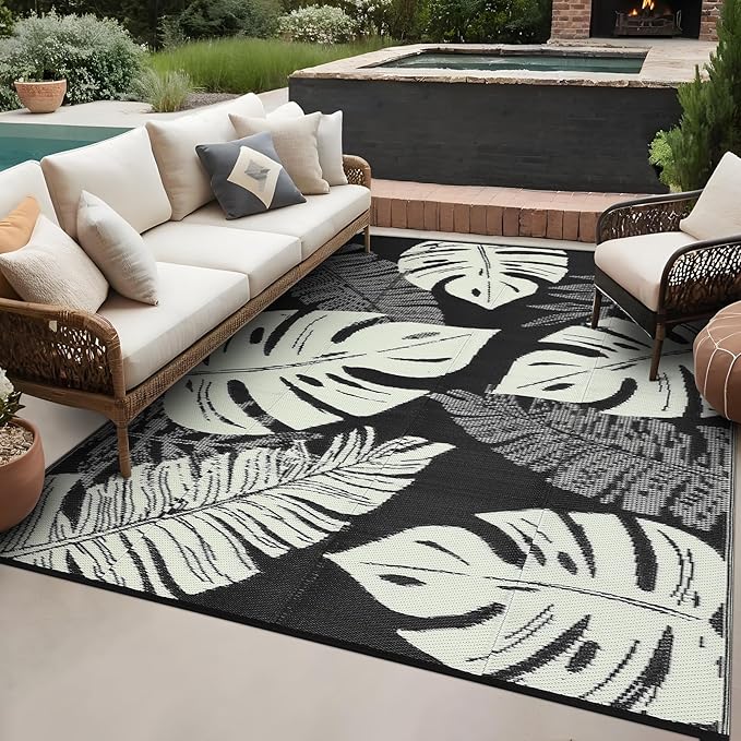 Outdoor Rug 8x10 Waterproof Patio Rugs Modern Leaf Print Reversible Mat for Front Door Rv Foldable Plastic Straw Carpet for Travel Trailers, Deck, Picnic, Camper, Balcony, Beach，Black/Beige
