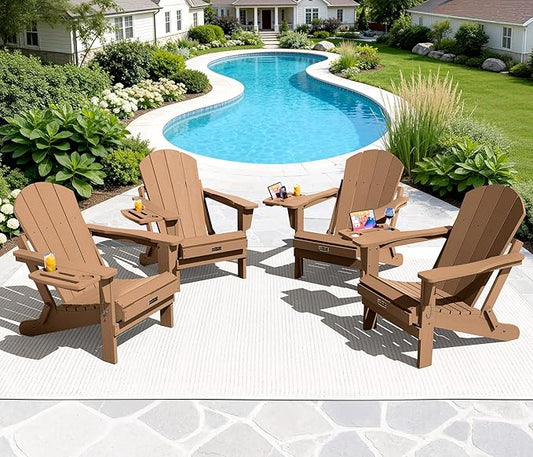 SERWALL Folding Adirondack Chair Set of 4, Outdoor Adirondack Chairs with 4 in 1 Cup Holder, Wood Texture Patio Chairs, Weather Resistant Fire Pit Chairs for Patio Deck Garden, Backyard Deck - Brown