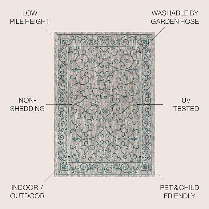 JONATHAN Y Vintage Filigree Indoor Outdoor Square Area Rug 5X5 Gray/Teal, Charleston Textured Weave for Backyard, Patio, Porch, Easy-Cleaning, High Traffic, Pet-Friendly, Non-Shedding (SMB106E-5SQ)