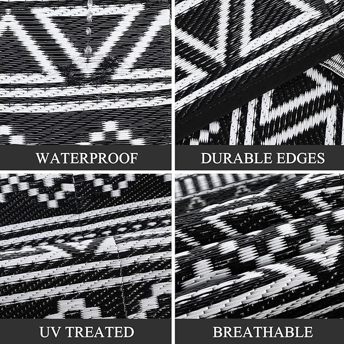 GarveeLife Outdoor Rugs 6x9 Waterproof Plastic Straw Rug, UV Resistant Rug Foldable Carpet Portable Lightweight Outdoor Mat for Backyard, Balcony, Garden, Camping, Black & White