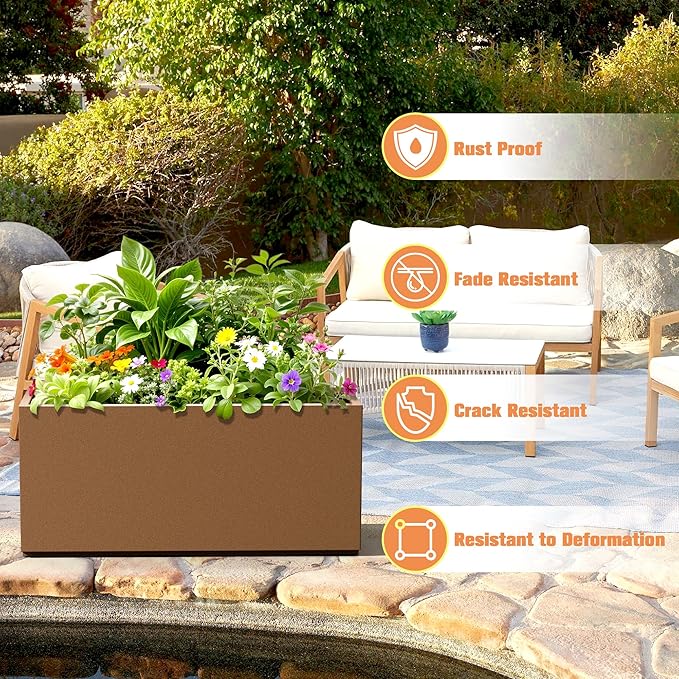 Rectangle Planter for Indoor & Outdoor, Tall and Long Planter Boxes with Drainage Holes, Mental Planter Box All-Weather Use for Plants, Flowers, 38" L x 15" W x 16.3" H, Brown