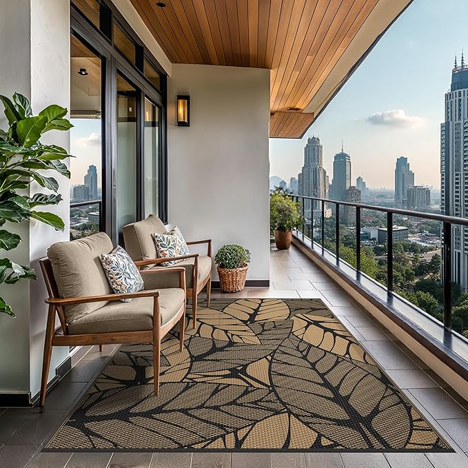 GENIMO Outdoor Rug 6' x 9' Waterproof for Patio Clearance, Reversible Plastic Straw Camping Carpet, Lightweight Mat for Rv, Camper, Deck, Porch, Picnic, Balcony, Beach, F.Black & Brown