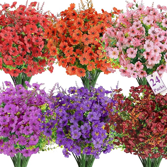 SHareconn 24 Bundles Artificial Flowers for Outdoors Decoration, Faux Plants Fake Silk Colorful Daisy Eucalyptus Lavender, UV Resistant for Outside Home Porch Indoor Spring Decor, 6 Colors incl. Brown