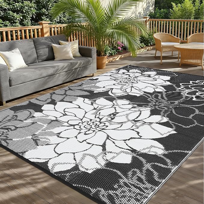 Outdoor Rug 9x12 Reversible Modern Floral Patio Rug Waterproof & Washable Outside Carpet, UV Weather Resistant RV Camping Mat, Durable Plastic Outdoor Carpet for Garden Yard, Black