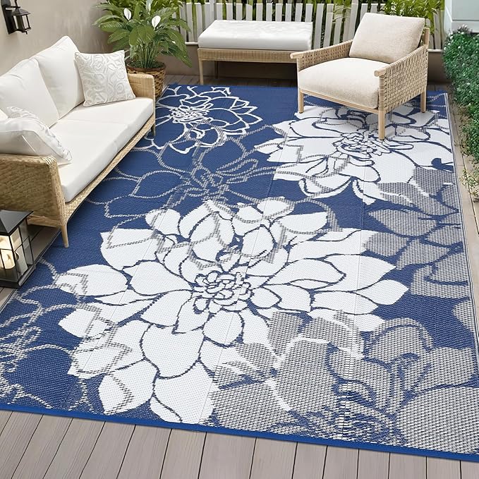 Waterproof Plastic Straw Rug 8x10 Reversible Outdoor Rug, Weather Resistant Outside Carpet, Portable RV Camping Mat with Carry Bag & Stakes for Patio Porch Garden Yard, Dark Blue