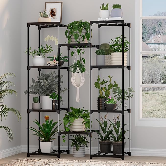 Plant Stand Indoor Outdoor Plant Shelf Stand, 4 Tiers 10 Pots Large Potted Metal Flower Plant Rack for Multiple Plants, Hanging Tall Planter Holder for Patio Balcony Living Room Corner Porch Garden Boho Decor Black