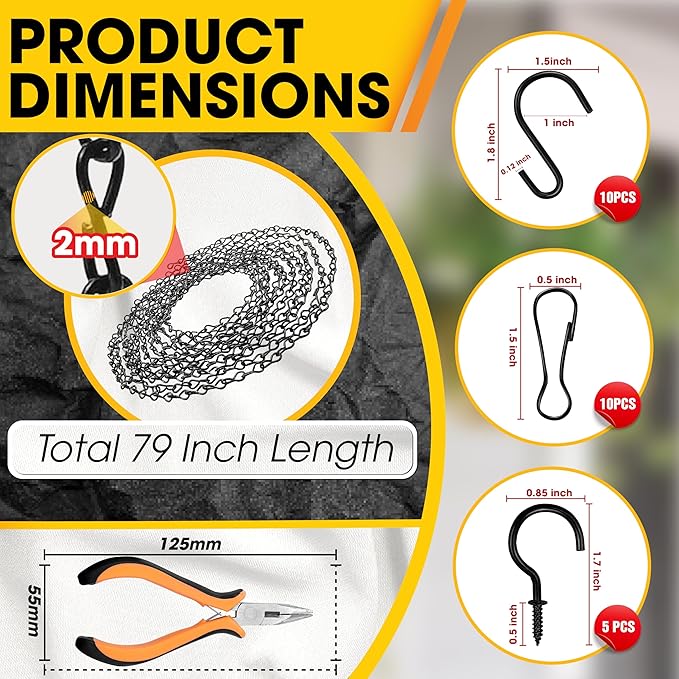 [Upgraded] 79” Black Electroplated Steel Hanging Chain with S-Hooks, Snap Hooks, Ceiling Hooks & Pliers, 33LBS Load Capacity, Adjustable Length for Hanging Bird Feeders, Planters, Lanterns, Billboards