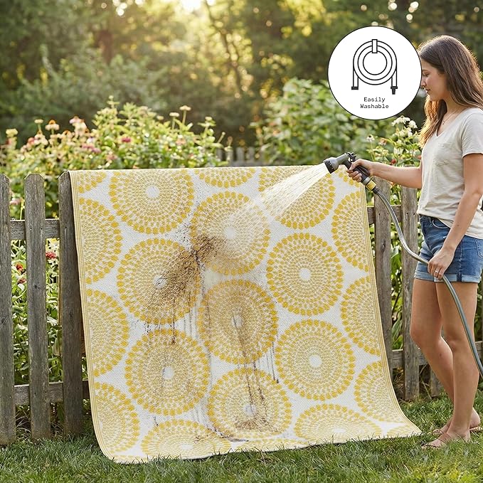 Fab Habitat Outdoor Rug - Waterproof, Fade Resistant, Crease-Free - Premium Recycled Plastic - Floral Medallion - Porch, Deck, Balcony, Mudroom, Laundry Room, Patio - Rio - Yellow - 3 x 5 ft