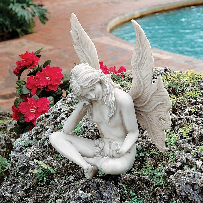 Design Toscano Gazing Secret Garden Fairy Woman Statue Figurine, 7 inches wide, 10 inches tall, Cast Stone Resin, Antique Stone Finish