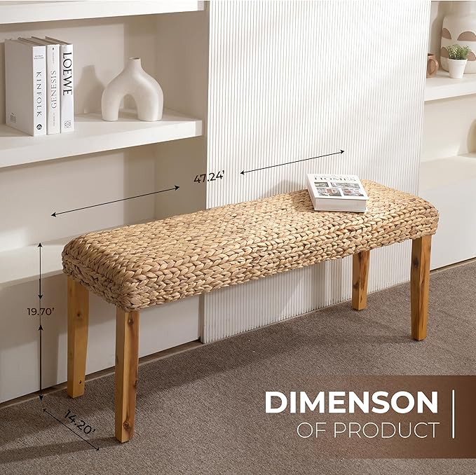 Solid Wood Acacia Indoor Bench with Natural Woven Seat, 47" Boho Bench Entryway, Wood Bench for Living Room or Entryway, Vintage Bench (Fishbone Style - Natural, Water Hyacinth)