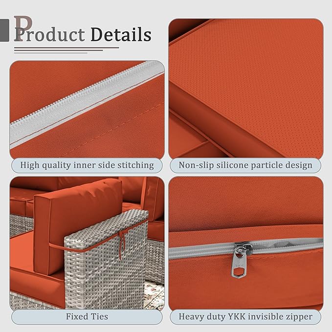 Outdoor Cushions for Patio Furniture with 5 Pillows, Waterproof Patio Furniture Cushions Replacement, 4" Deep Seat Outdoor Sectional Cushions for 4-seat Patio Furniture Chair Sofa Couch,Orange