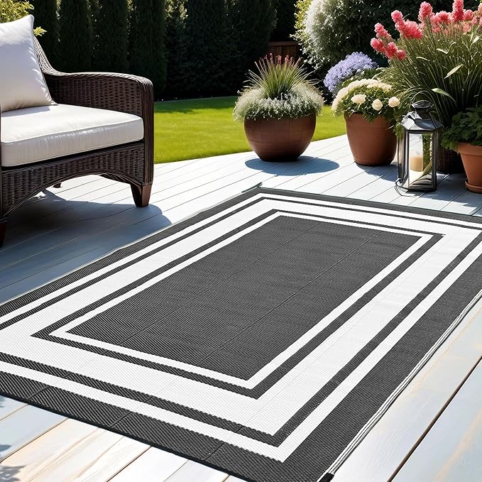 RURALITY Outdoor Rug 9x12 Waterproof for Patio Clearance,Large Plastic Straw Mat for Camping,Porch,RV,Reversible,Black and White