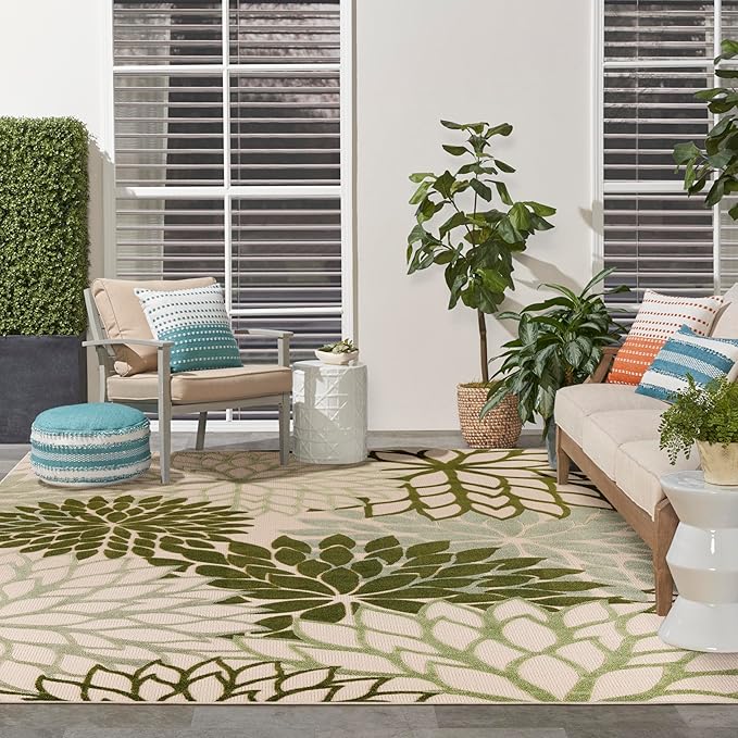 Nourison Home Aloha Indoor-Outdoor Ivory Green 9' x 12' Area Rug, Easy Cleaning, Non Shedding, Bed Room, Living Room, Dining Room, Backyard, Patio, Deck (9x12)