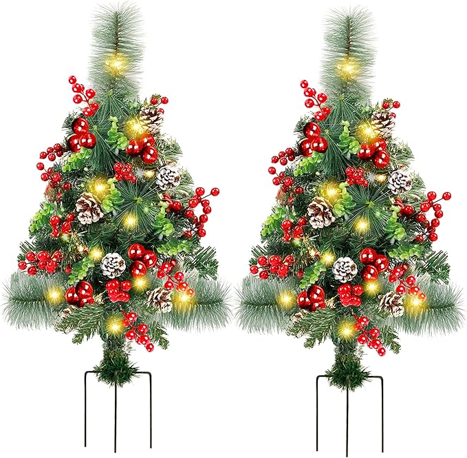 Set of 2 Pathway Christmas Tree Urn Filler, Lighted Artificial Mini Xmas Trees with Lights, Outdoor Christmas Decorations for Porch, Driveway, Yard (5 Pine Cones)