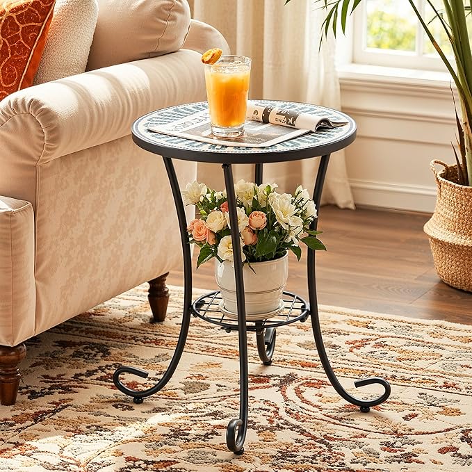 Side Table Outdoor, Mosaic Patio Table with Planter Stand, 22" H Iron Coffee End Table, Weather-Resistant Tile Top Metal Drink Bar Table for Indoor Garden Balcony Yard Bistro