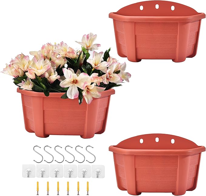 ORIMERC 9.8 inch 3 Pack Brick Red Wall Hanging Planters for Indoor Outdoor Plants Hanging Plant Holder with Drainage Hole Fence Balcony Planters Railing Hanging Pot Plant Wall Mount Decor with Hooks