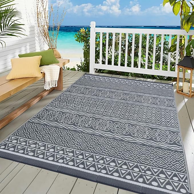 SAND MINE Reversible Mat, Indoor Outdoor Rug Carpet, Reversible Patio Rug, RV Camping Rug, Plastic Straw Rug, Large Floor Mat for RV, Patio, Backyard, Deck, Picnic, Camping, Grey & White, 6' x 9'