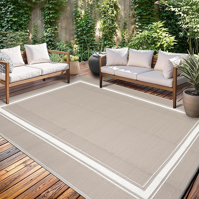Waterproof Outdoor Rug 10x20 Reversible Plastic Straw Rug Carpet Modern Bordered Outdoor Camping Mat Outside Large Floor Mat for RV Picnic Backyard Porch Beach Balcony Grey/Coffee