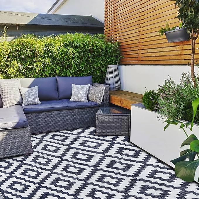 SAND MINE Reversible Mats, Plastic Straw Rug, Modern Area Rug, Large Floor Mat and Rug for Outdoors, RV, Patio, Backyard, Deck, Picnic, Beach, Trailer, Camping, Dark Blue & White, 5' x 8'