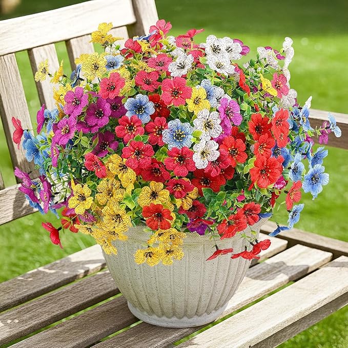 Artificial Spring Flowers Outdoor Faux Plants UV Resistant Fake Patio Flowers Plastic Greenery Plnats Outside Bulk for Spring Garden Hanging Planter Home Vase Decor, 24 Bundles (Multicolor)