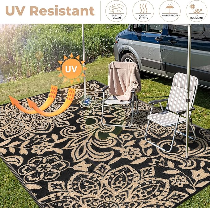 Findosom Waterproof Outdoor Rug 5' x 8' - Reversible Mandala Outdoor Plastic Straw Rug, Durable Foldable Patio Rug for RV, Deck, Balcony, Backyard, Picnic, Porch, Camping, Beach, Black