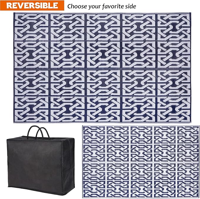 SAND MINE Reversible Mats, Plastic Straw Rug, Modern Area Rug, Large Floor Mat Rug for Outdoors, RV, Patio, Backyard, Deck, Picnic, Beach, Trailer, Camping, Dark Blue & White, 5' x 8'