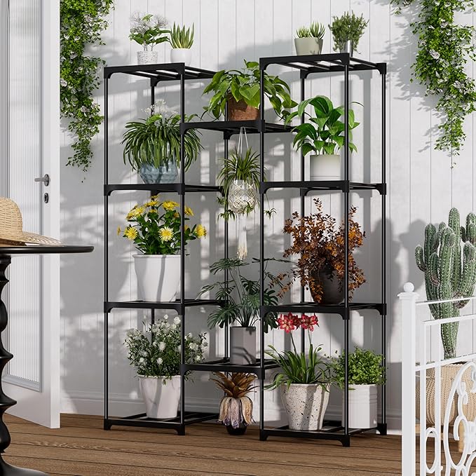 Plant Stand Indoor Outdoor Plant Shelf Stand, 4 Tiers 10 Pots Large Potted Metal Flower Plant Rack for Multiple Plants, Hanging Tall Planter Holder for Patio Balcony Living Room Corner Porch Garden Boho Decor Black