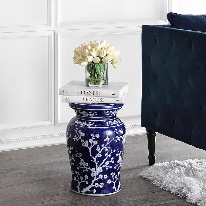 JONATHAN Y TBL1017A Cherry Blossom 17.7" Ceramic Indoor/Outdoor Garden Stool, Coastal, Contemporary, Transitional, Side Table, Plant Stand, Spill-Proof, Living Room, Garden Room, Patio, Navy/White