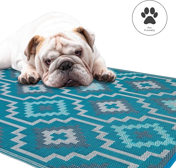 Fab Habitat Outdoor Rug - Waterproof, Fade Resistant, Crease-Free, Reversible - Premium Recycled Plastic - Vintage Boho Kilim - Patio, Deck, Porch, Balcony, Laundry Room - Lhasa - Teal - 4 x 6 ft