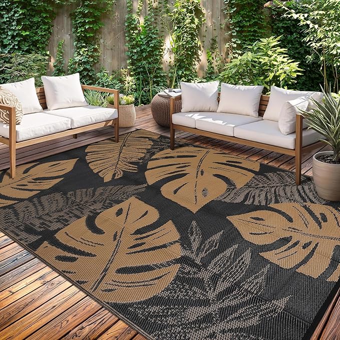Waterproof Plastic Straw Outdoor Rug 9x18 Patio Reversible UV Resistant Foldable Camping Carpet Modern Leaf Print Large Outdoor Rugs for Deck, Porch, Camper, Balcony, Beach，Black/Brown