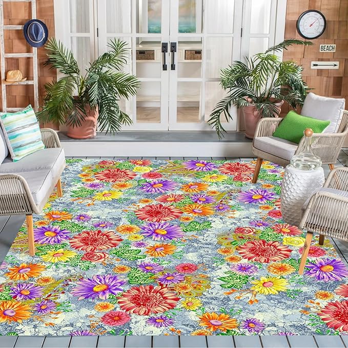 Red Yellow Art Deco Floral Flower Pattern Modern Outdoor Rug 3x5 Waterproof Washable Boho Patio Deck Porch Large Area Rug Non Slip Cute Outside Carpet for Garden Camping Backyard