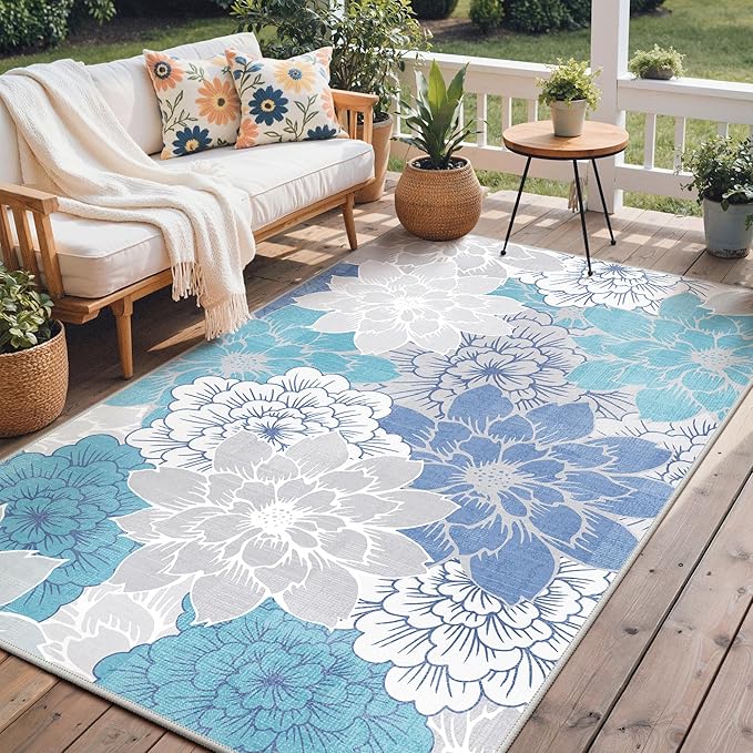 GENIMO Indoor Outdoor Area Rug 8'x10', Machine Washable Rugs for Patio, Waterproof, Non-Slip Easy Cleaning Floral Outdoor Mat Carpet for Living Room, Bedroom, RV, Balcony, Deck, Camping, Light Blue