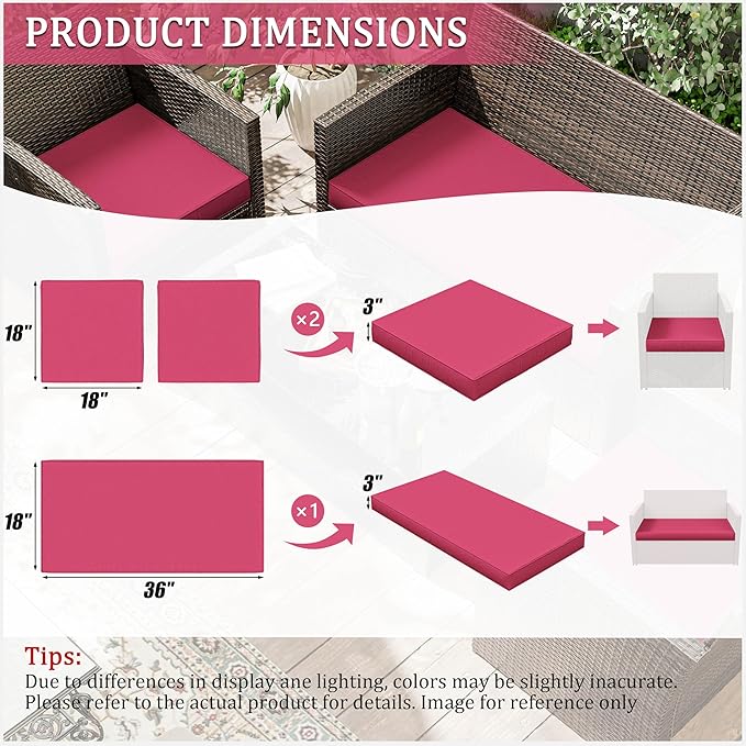 3 Pack Outdoor Replacement Cushions,36L x 18W x 3H,18L x 18W x 3H inch, High-Elastic Replacement Sponge for 4-Seater Water-Resistant Patio/Sofa with Removable Covers (Pink)