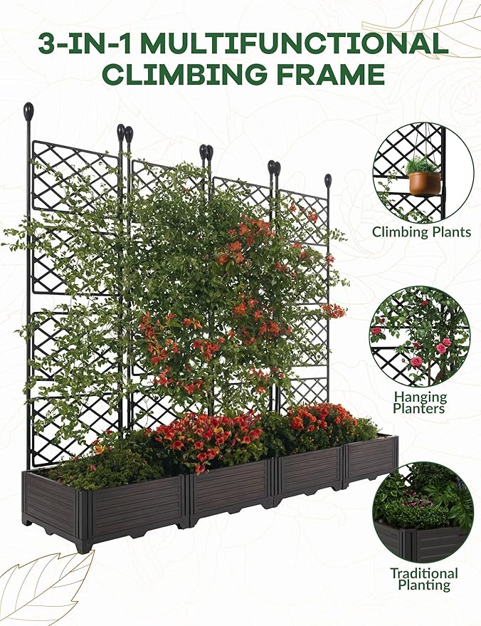 4 PCS Raised Garden Bed with Trellis & Privacy Screen, 66" w x 63" Tall Vertical Garden Planter Box for Climbing Plants - Sturdy Lightweight Outdoor Planter for Vegetables, Flowers on Patio, Balcony